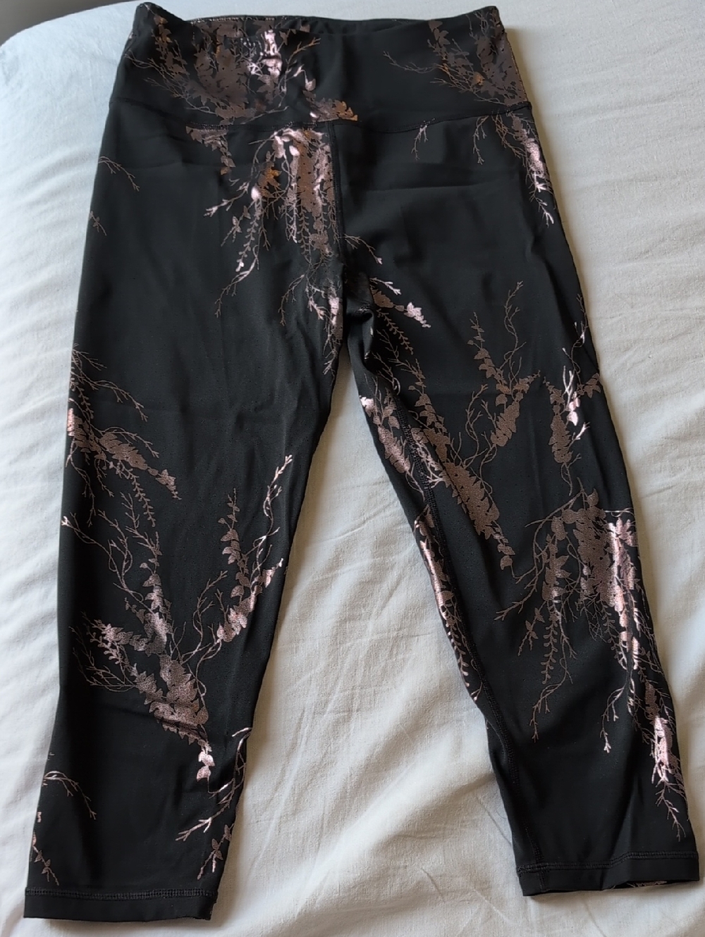 Sweaty Betty Black Leggings with Rose Gold Foil Botanical Print